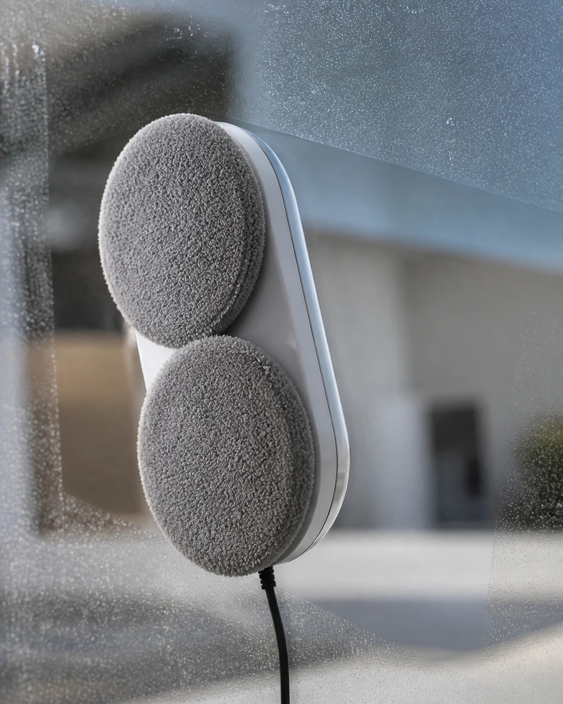 Nahaufnahme der beiden runden Mikrofaserpads beim Reinigen einer Glasscheibe