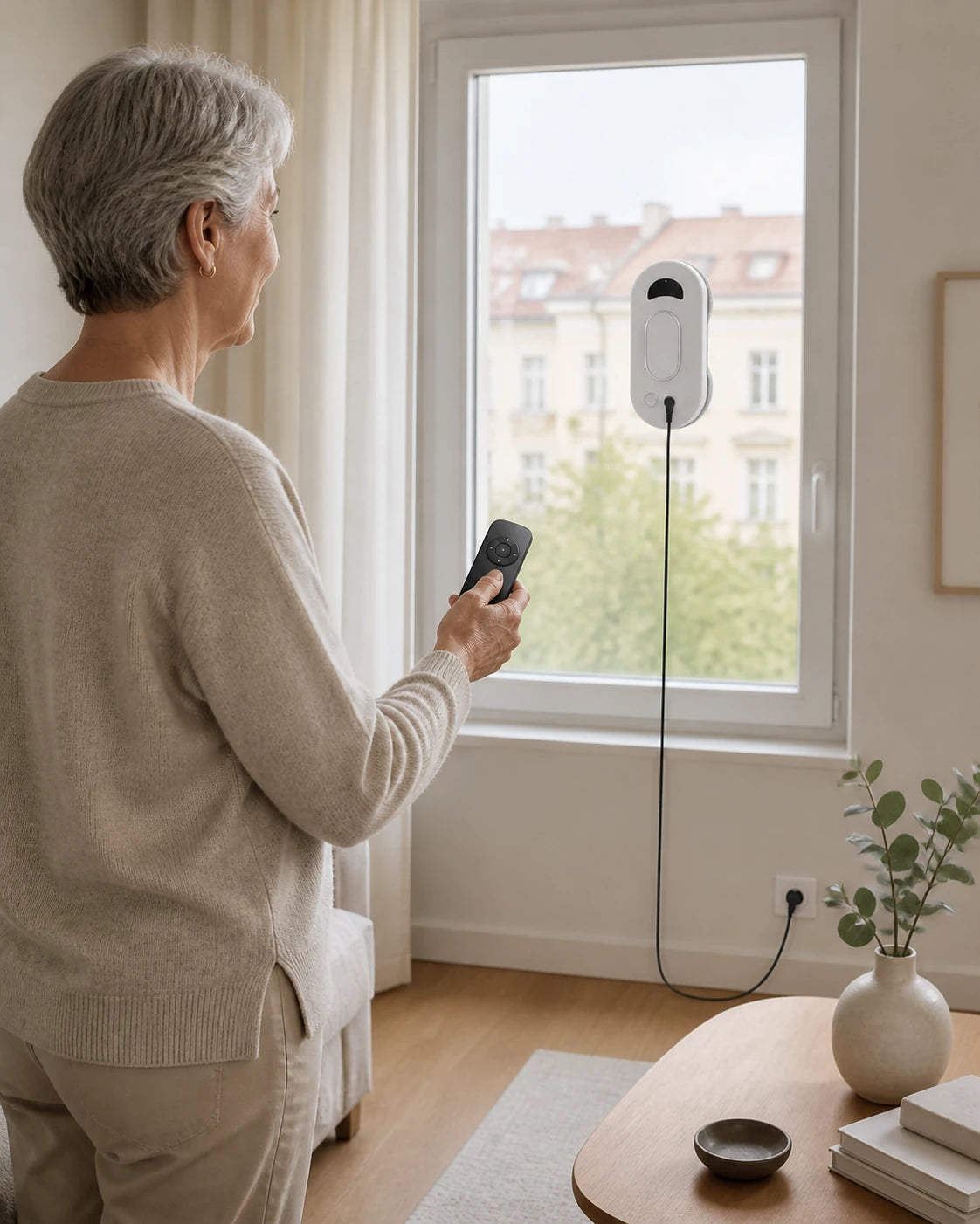 Eine ältere Nutzerin steuert den Fensterreinigungsroboter mit der beiliegenden Fernbedienung