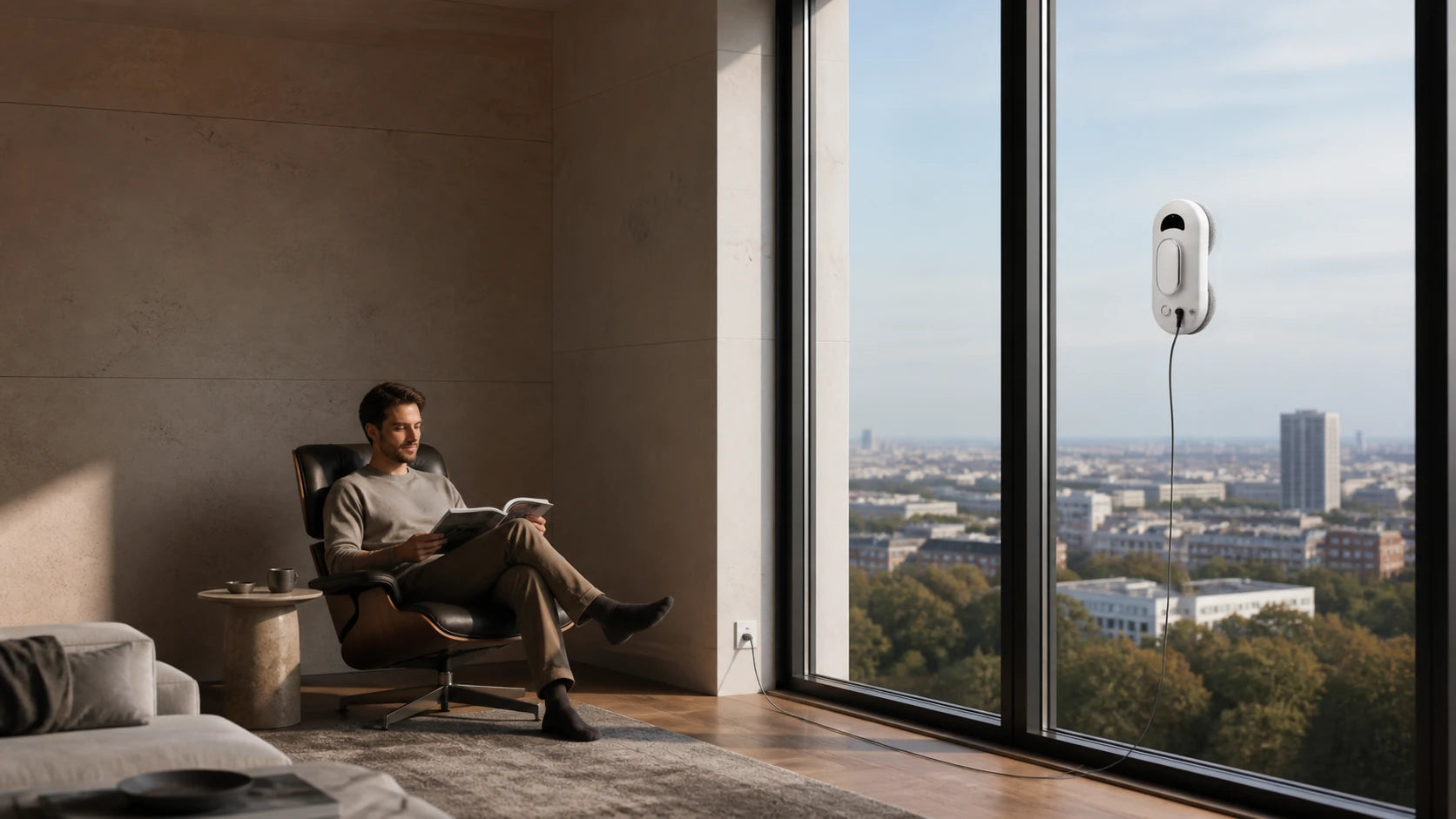 Fensterreinigungsroboter reinigt ein hohes Fenster, während eine Person sicher im Raum liest