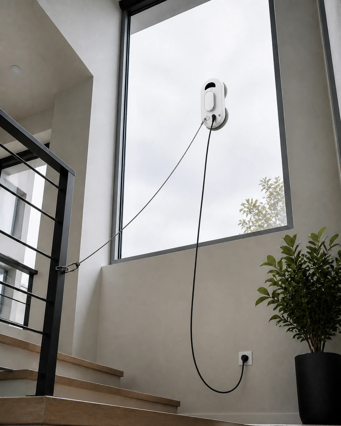 Fensterreinigungsroboter arbeitet hoch am Fenster; Stromkabel und separates Sicherungsseil sind im Innenraum befestigt